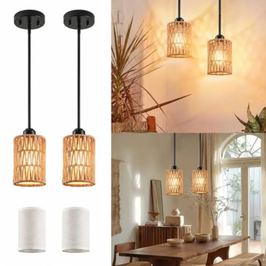 Rattan Pendant Light 6 Inch 2-in-1 Boho Hanging Fixture with Iron Rods and Linen Shade Adjustable Height and Sloped Ceiling Com