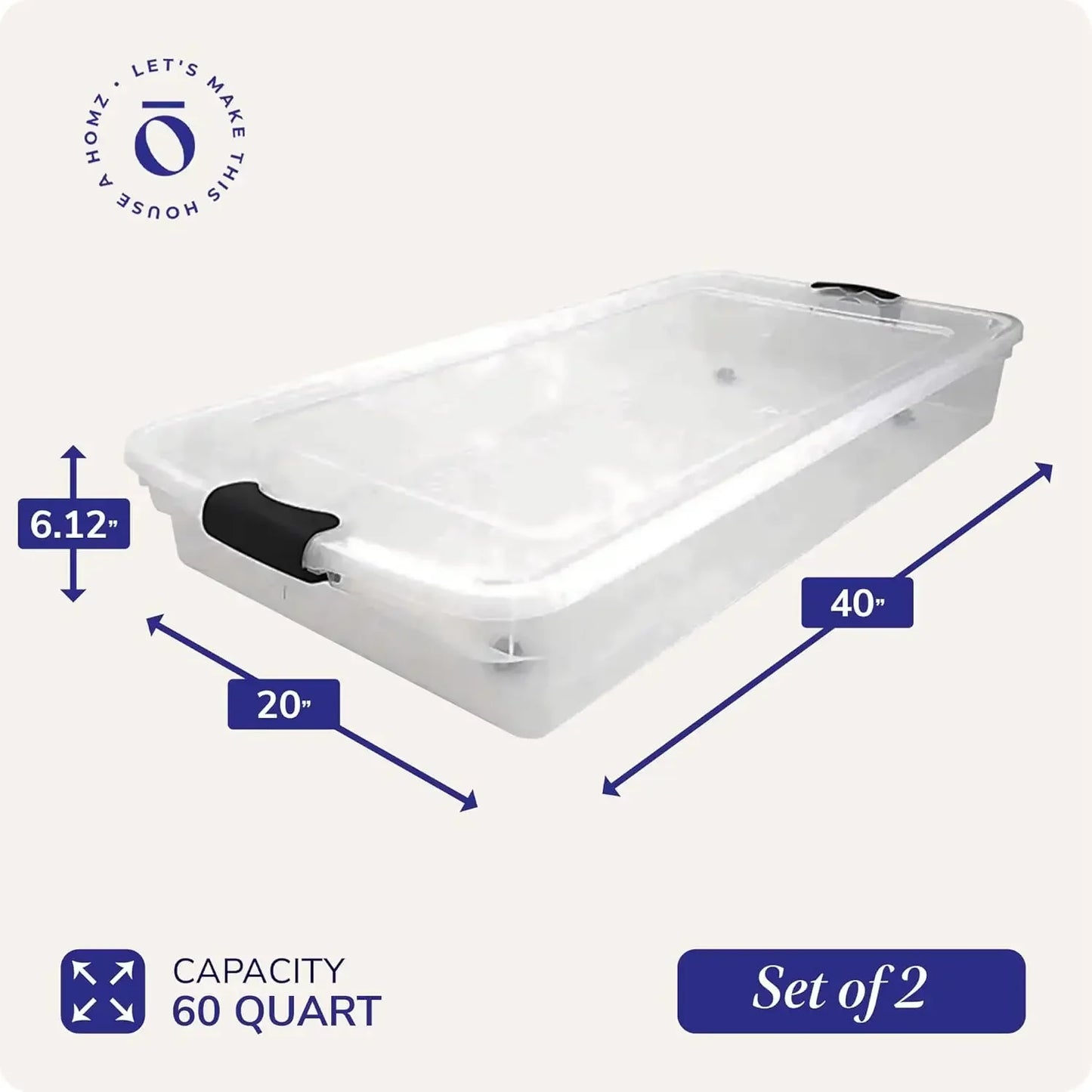 2-Pack Under Bed Storage, Clear Plastic Containers with Lids, 60 Quart, Gray Latch - Stackable Underbed Organizer Bins for Shoes