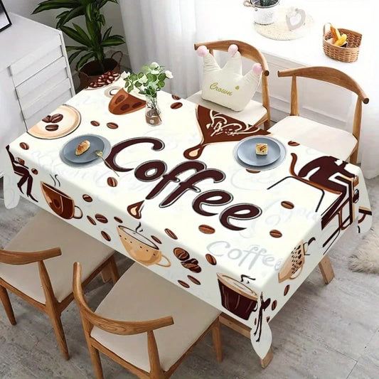 White Coffee Themed Tablecloth Vintage Coffee Beans Cup Design Polyester Rectangular Dining Table Cover Kitchen Party Picnic Home Decor Suitable for Indoor Outdoor Use Washable Durable Fabric Elegant Coffee Lover Kitchen Dini