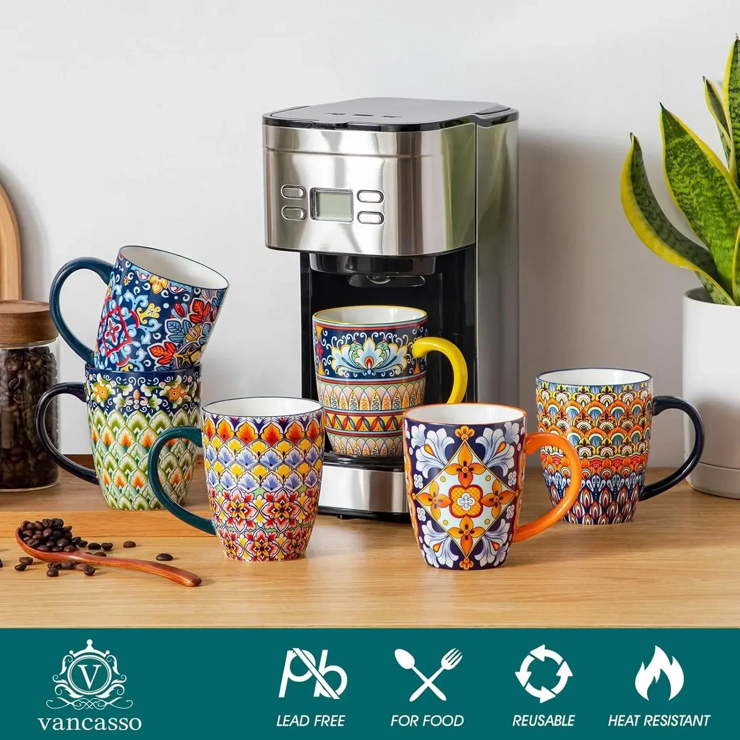 16 oz Coffee Mugs Set of 6, Large Ceramic Mug with Handle, Boho Coffee Cups for Latte, Cappuccino & Hot Chocolate, Dishwasher &