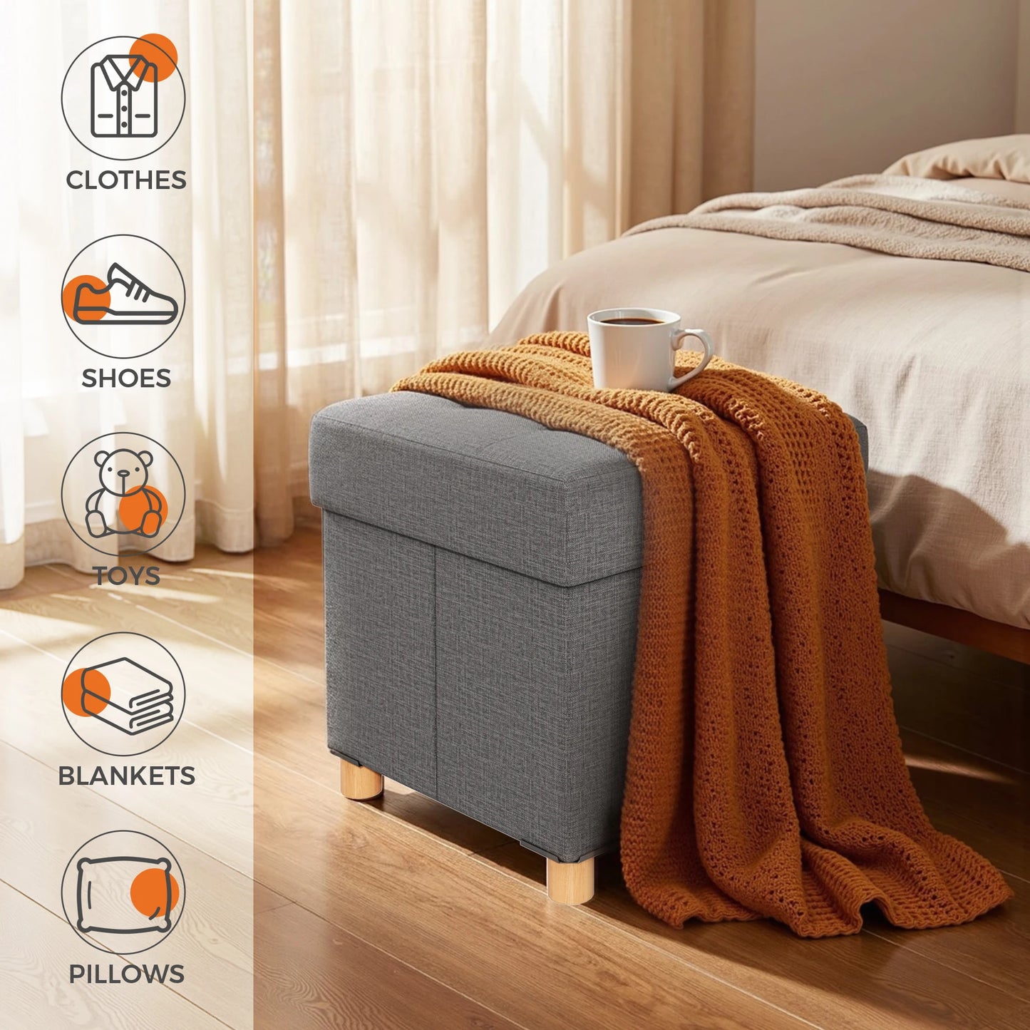 JHK 15IN Cube Storage Ottoman Bench Living Room Hidden Storage Footstool Toy Box Bedroom Strong Load-bearing Capacity Stool