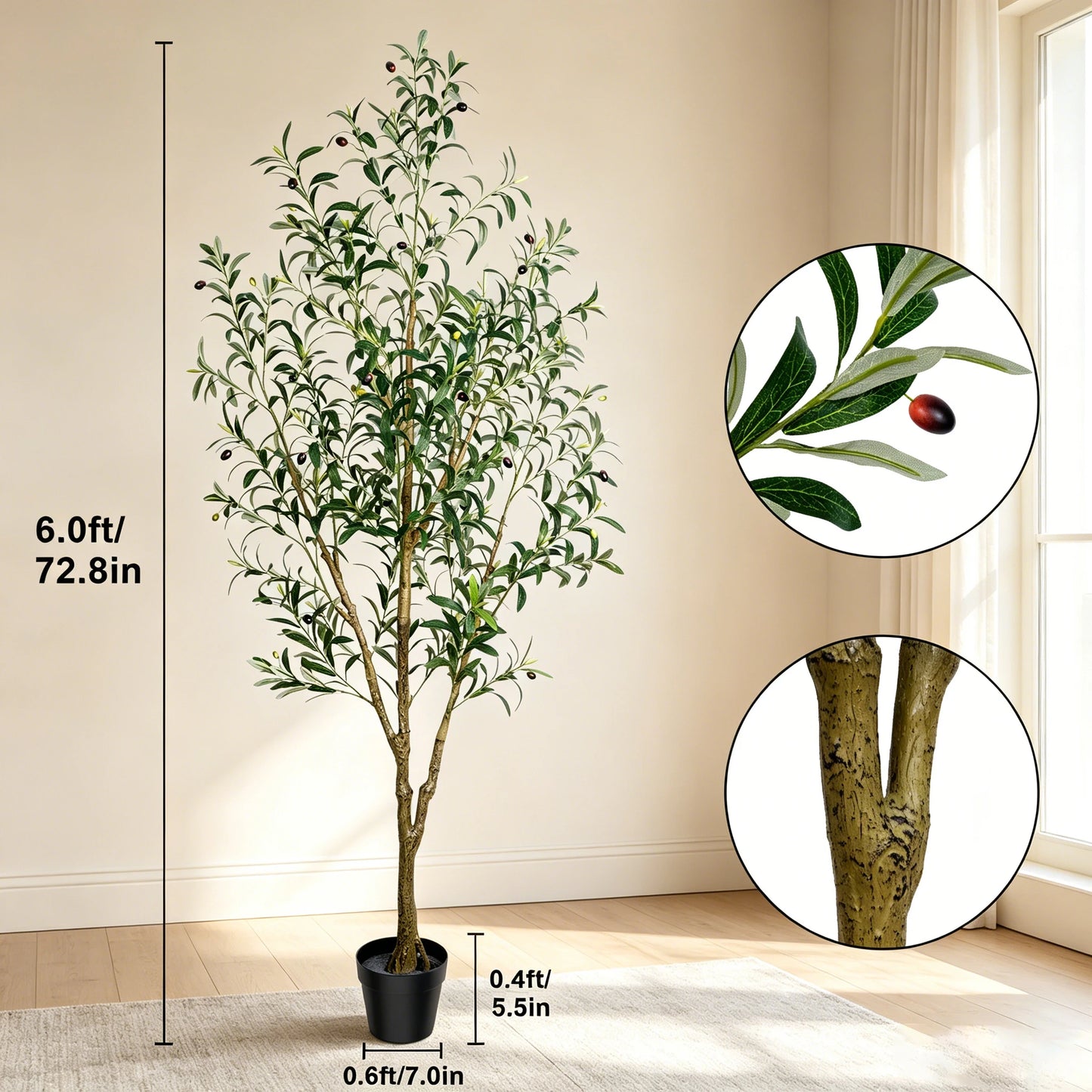 Olive Trees Artificial Indoor, 5.25/6.10/7.10FT Tall Faux Olive Tree with Black Pot, Artificial Plants with Natural Wood Trunk and Lifelike Fruits for Home Office Decor