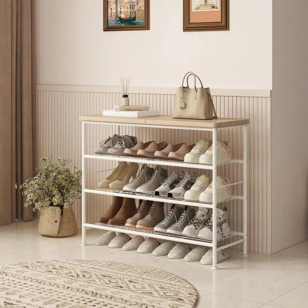 4-Tier Shoe Rack Organizer, Freestanding Metal Shoe Shelf with MDF Top Board for Closet, Entryway and Hallway