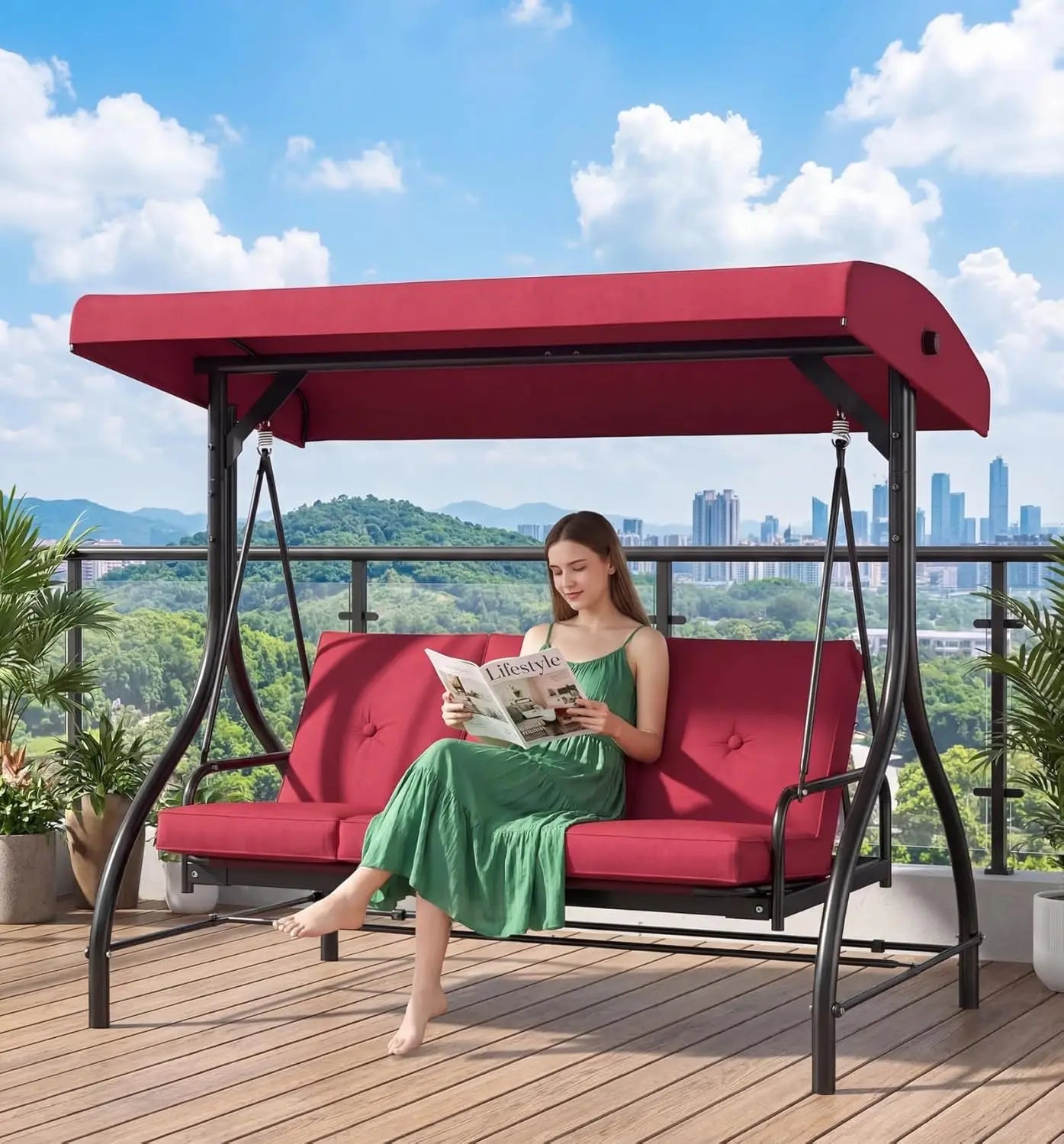 3-Seat Patio Swing with Adjustable Canopy & Backrest, Outdoor Porch Swing Chair for Adults