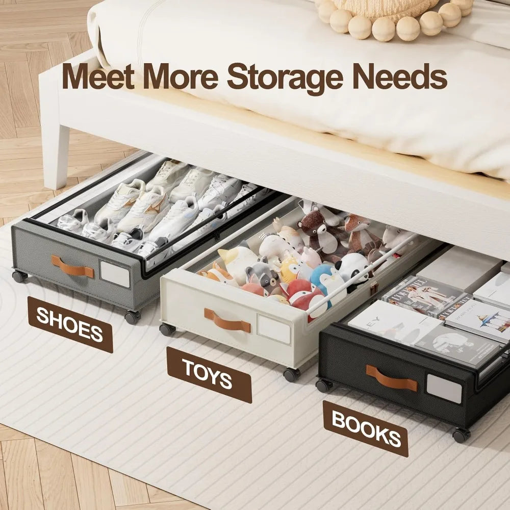 2 Pack Under Bed Storage with Wheels, 60L Clear Lid Bins, Rolling Metal Drawers for Clothes, Blankets, Shoes, Beige