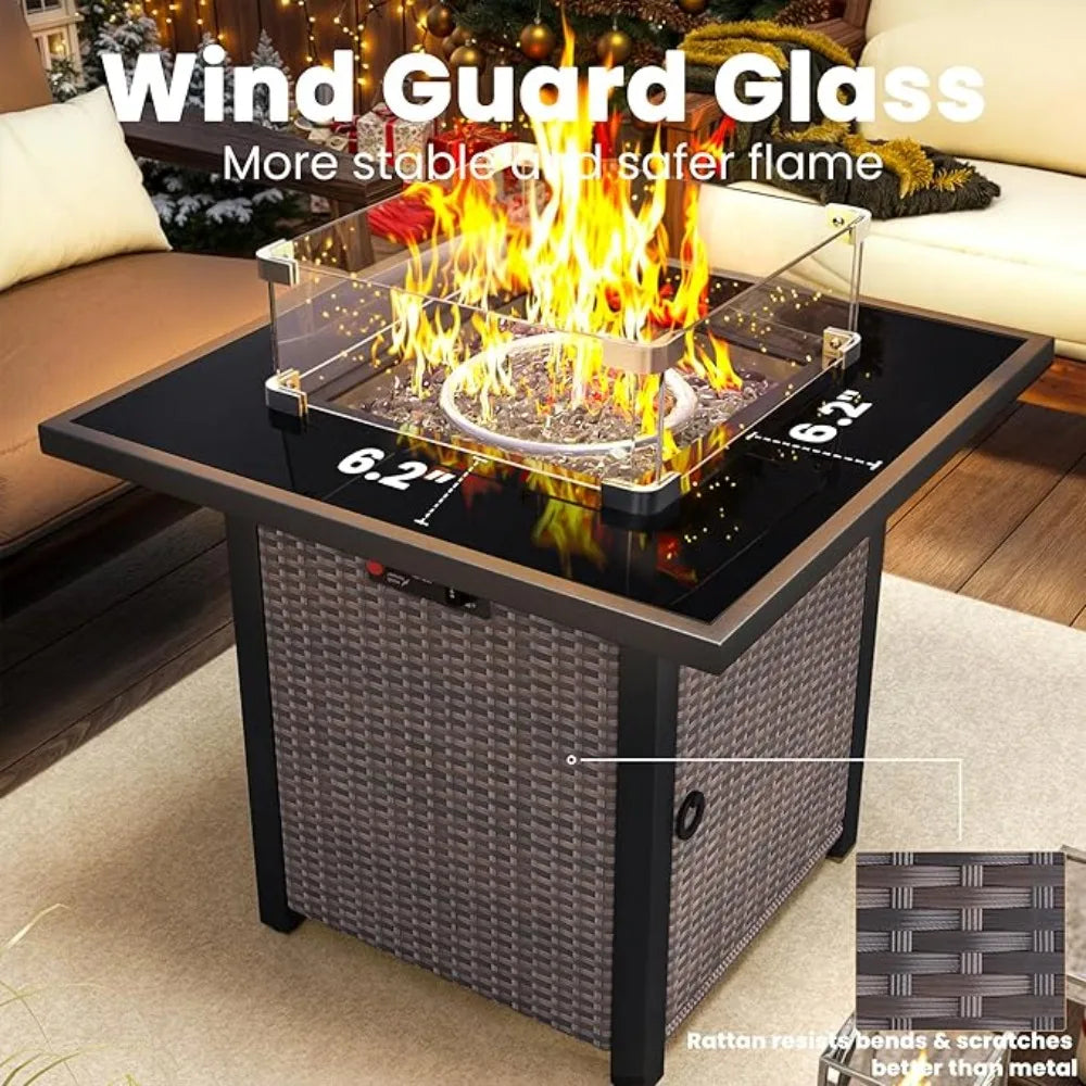 Propane Fire Pit Table, Outdoor Fire Pit Table, 28" Rattan Square Outdoor Gas Fire Pit with Glass Wind Guard
