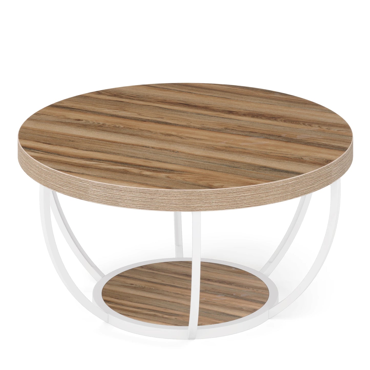 31.7" Round Coffee Table, Industrial 2-Tier Circle Coffee Table with Storage Shelves, Modern Wooden Sofa Side Table