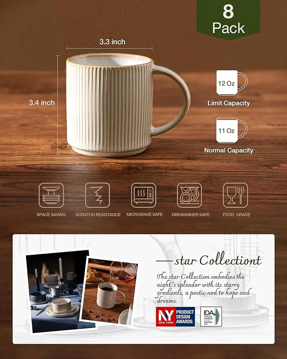 Coffee Mug Set for 8, Star 12 oz Catering Mugs Cup Set with Handle for Coffee, Tea, Cocoa, Milk - Ceramic Stoneware Drinkware Se