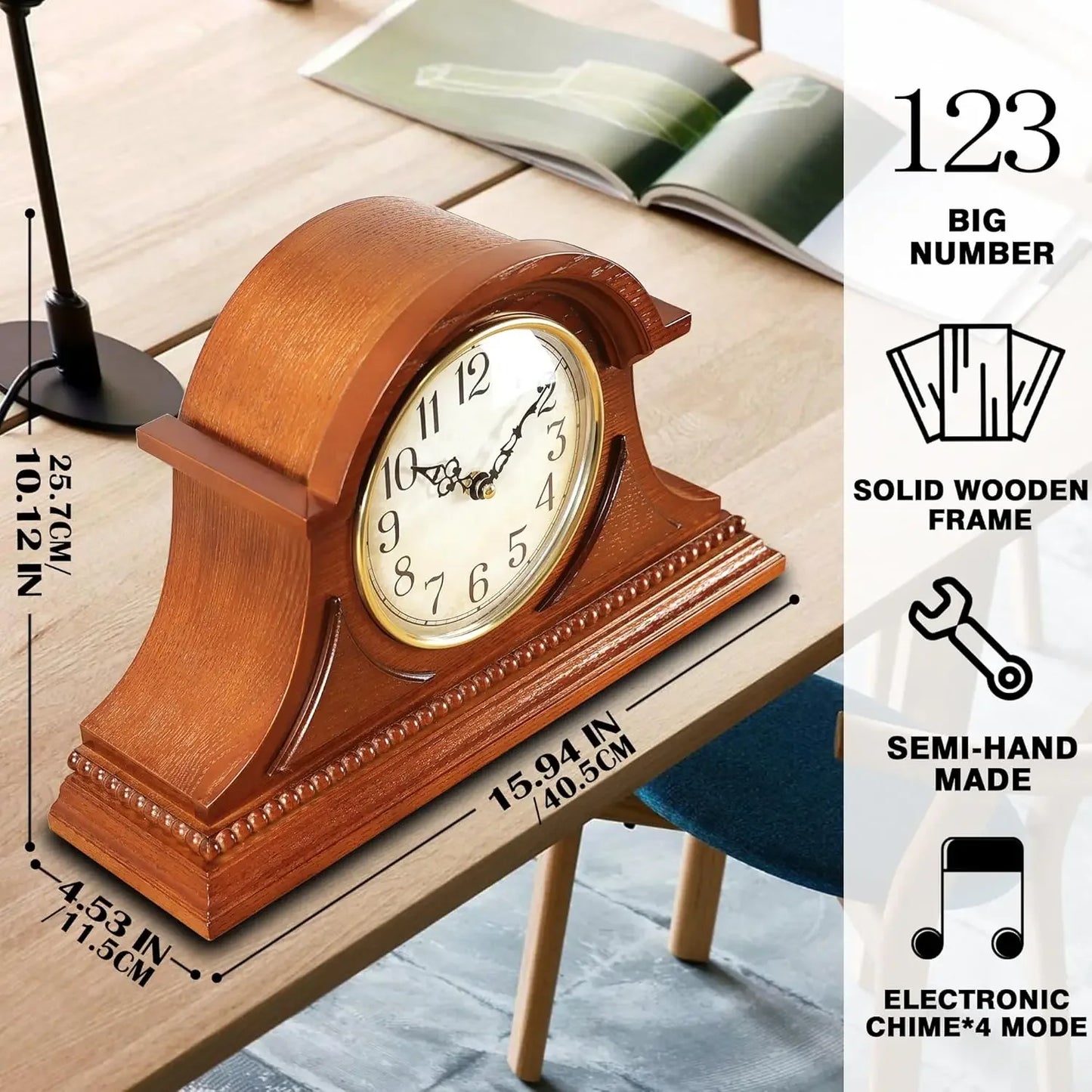 Bestseller® Grandfather Mantel Clock with Hour/Quarter-Hour Chime, Elegant Wooden Frame, Table Clocks Battery Operated, Desk She