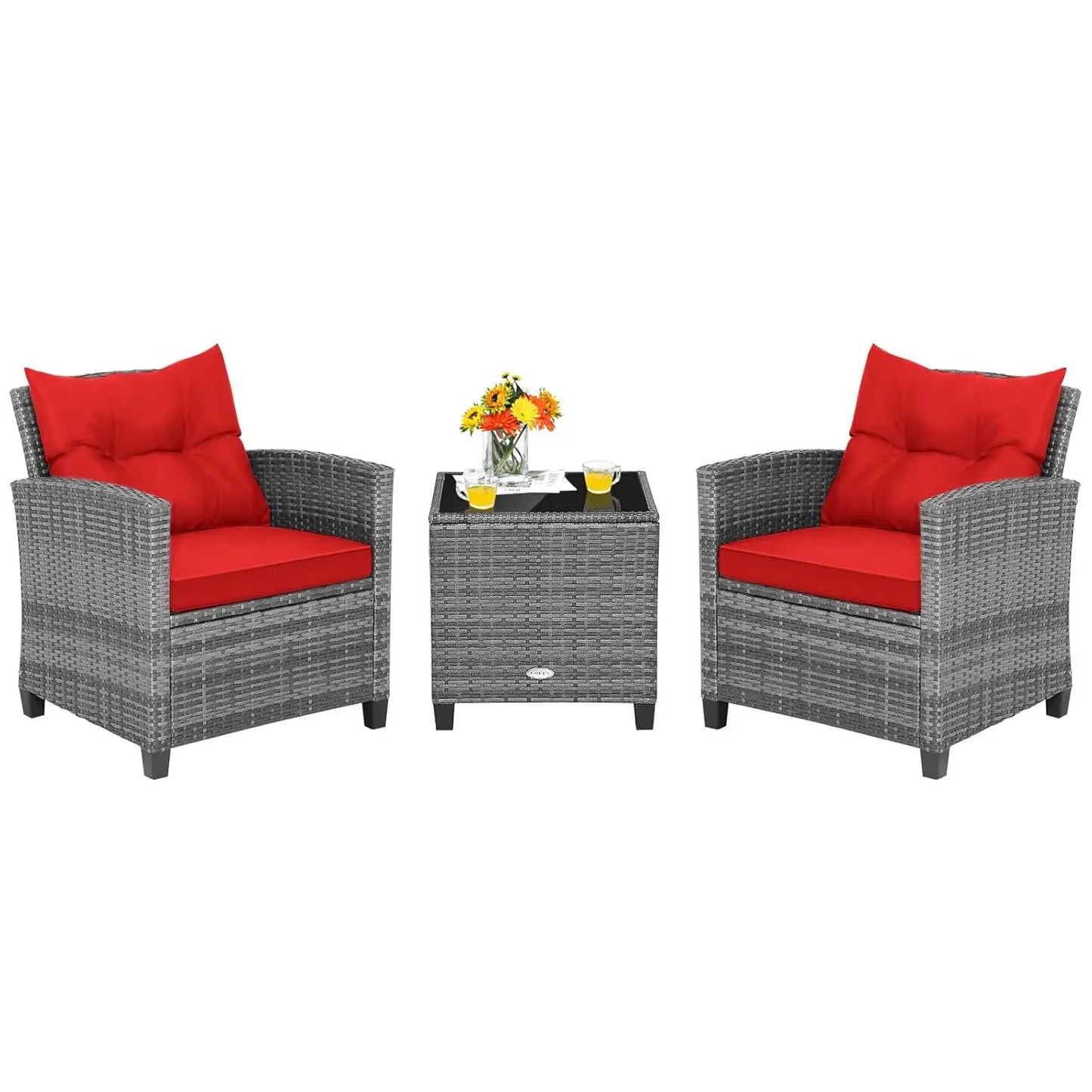 3 Pieces Patio Furniture Set, Outdoor PE Rattan Conversation Chair Set with Tempered Glass Side Table, Customized