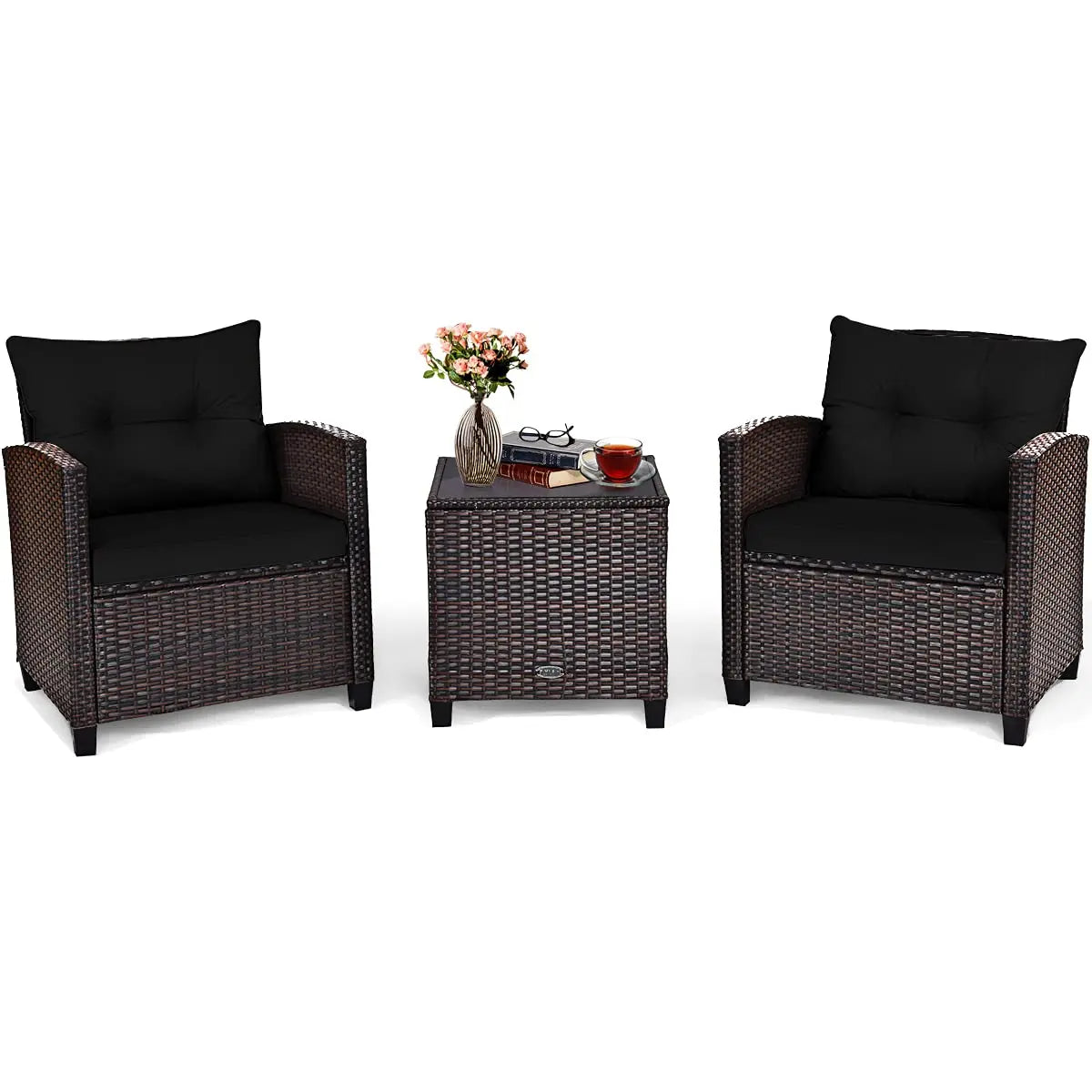 3 Pieces Patio Furniture Set, Outdoor PE Rattan Conversation Chair Set with Tempered Glass Side Table, Customized