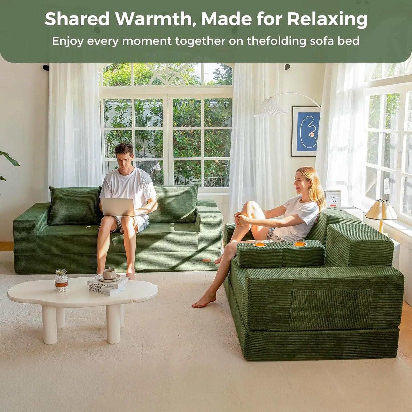 64in Foldable Loveseat Sofa Bed 4-in-1 Recliner Sleeper w 2 Cup Holders Floor Couch Living Room No Assembly Green Customized